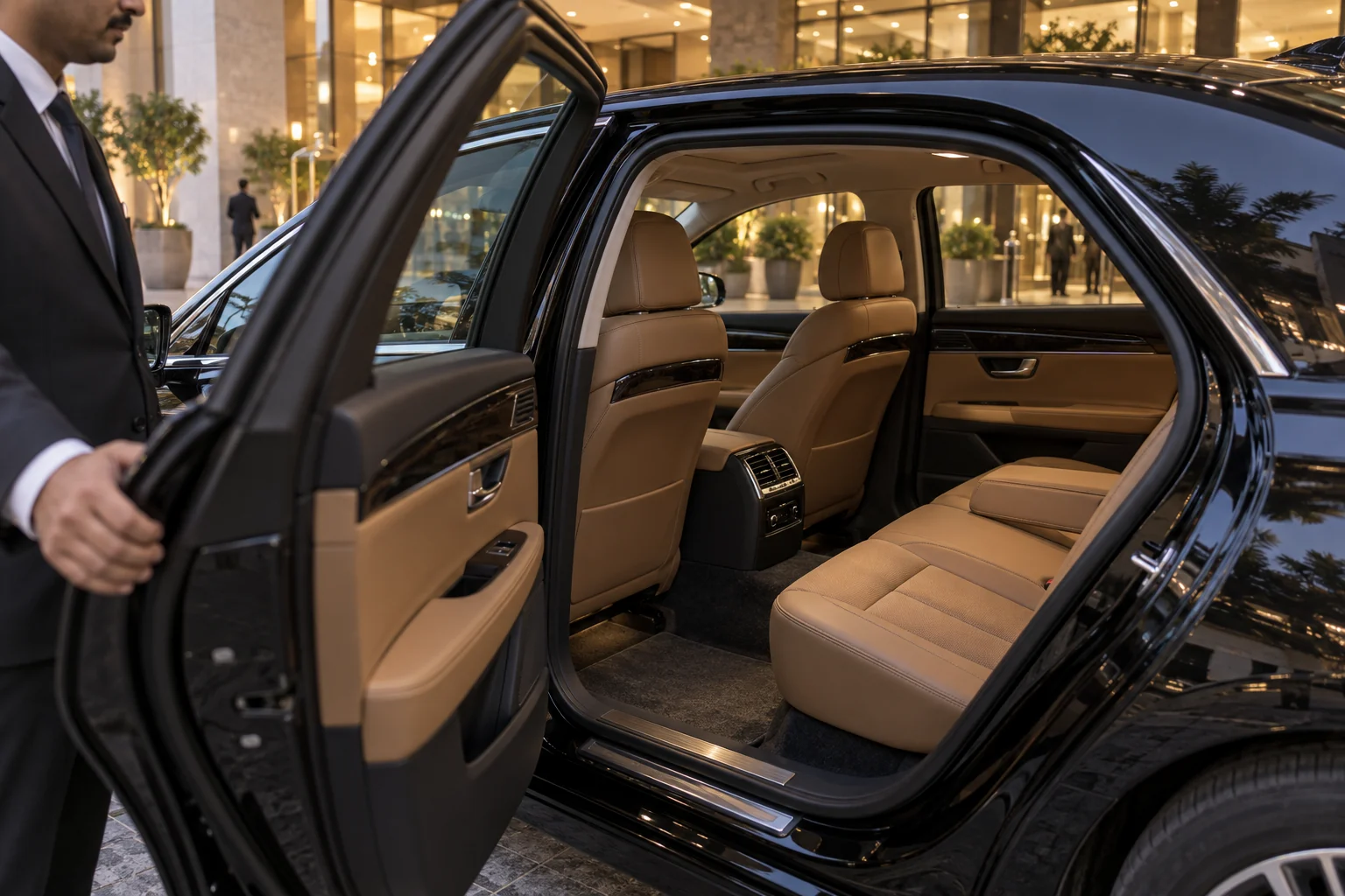 Chauffeur opening a premium sedan’s tan leather passenger cabin