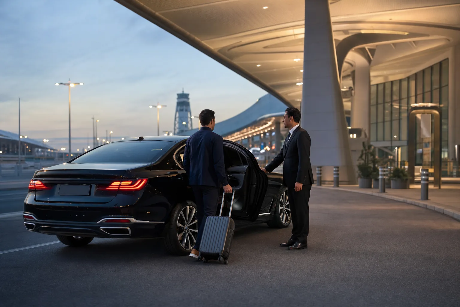 Professional chauffeur welcoming travelers beside a black airport transfer sedan