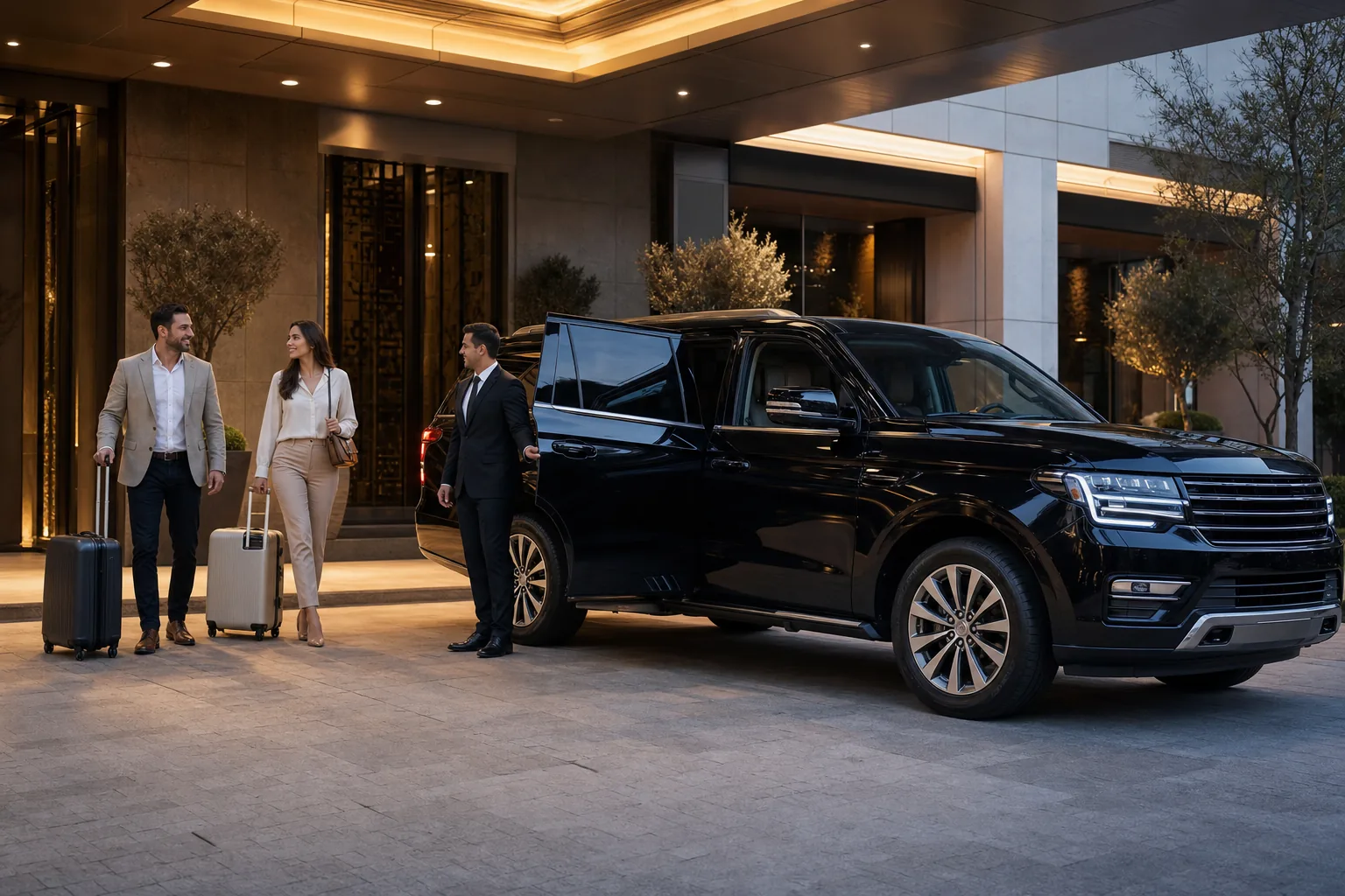 Chauffeur welcoming hotel guests beside a black city transfer SUV