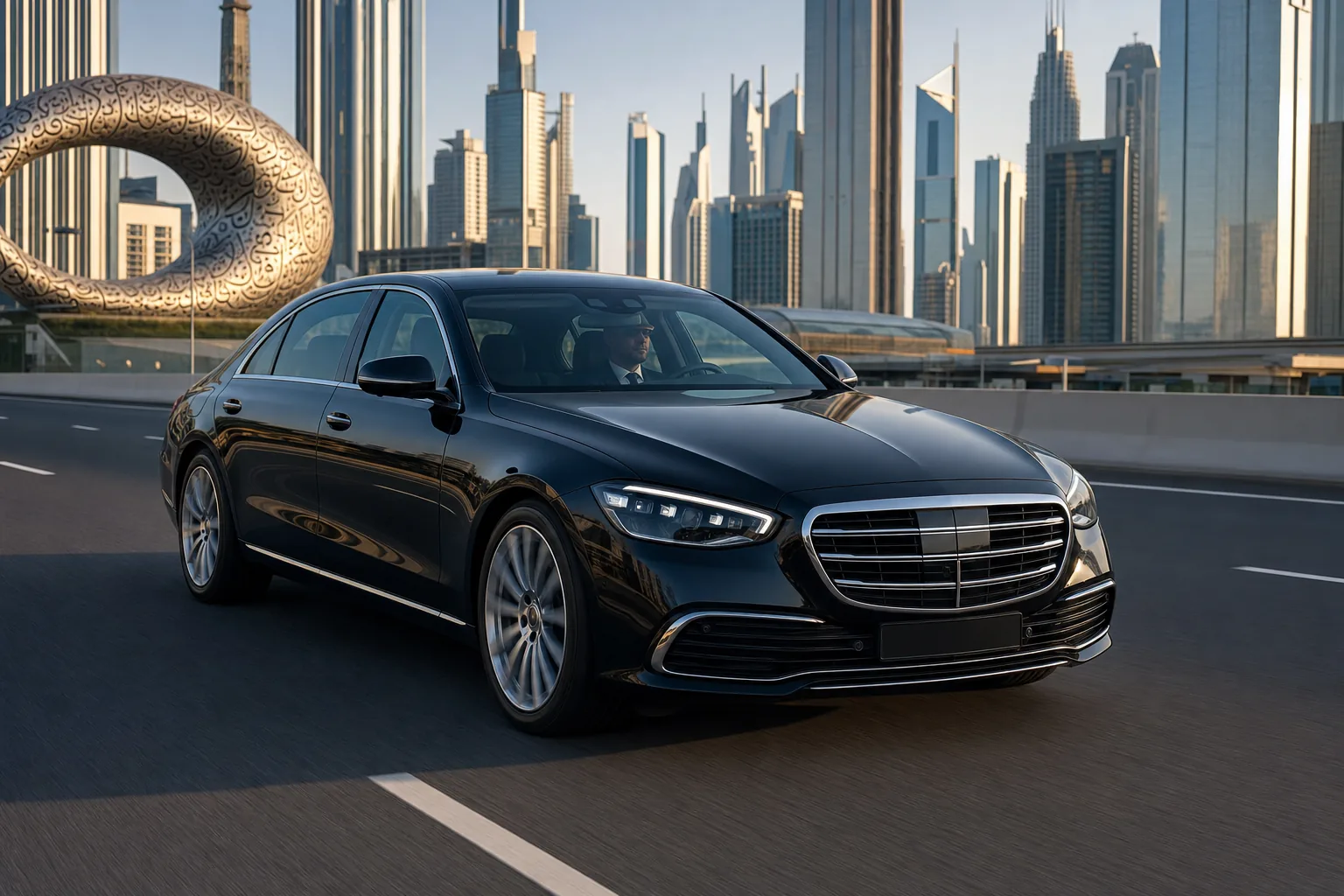 Black executive chauffeur sedan travelling through Dubai
